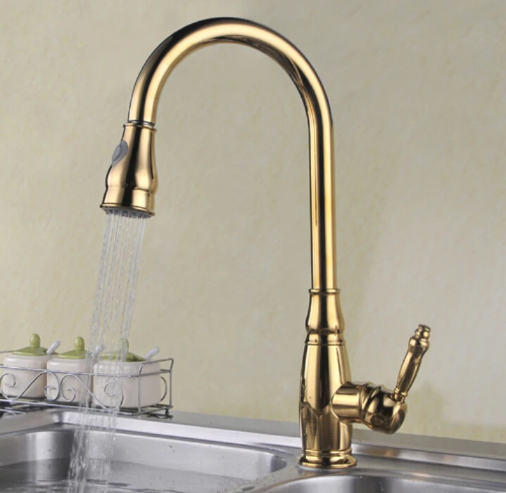 

Free shipping Copper Water Filter Swivel Robinet Para Torneira Gold Kitchen Faucet With Pull Out Spray Sink Mixer Taps KF098