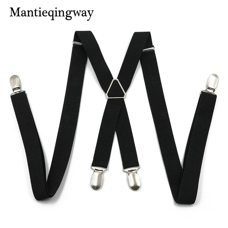 Mantieqingway черные подтяжки для мужчин 4 зажима ремень сплошной цвет регулируемые