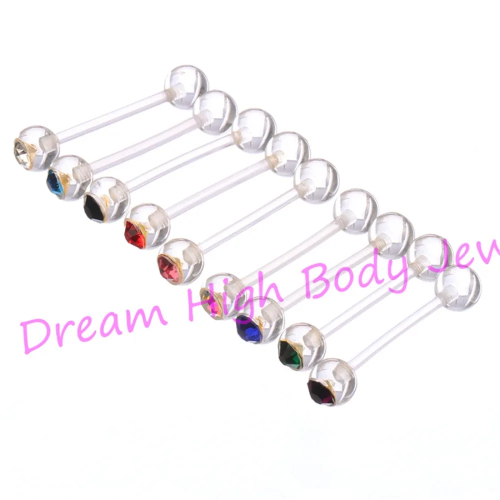 

Fashion Tongue Ring Bar Flexible Clear Crystal Gem Barbells 14G Mixed Colors Acrylic 6mm Ball Body Piercing