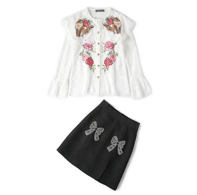 Flower Emboidery White Lace Shirt Black Skirt (1)
