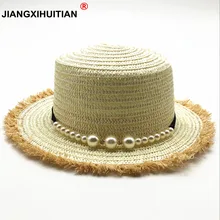 2018 חדש ראש שטוח קש כובע קיץ אביב טיול של נשים כובעי פנאי פרל חוף שמש כובעי לנשימה אופנה פרח בנות כובע(China)
