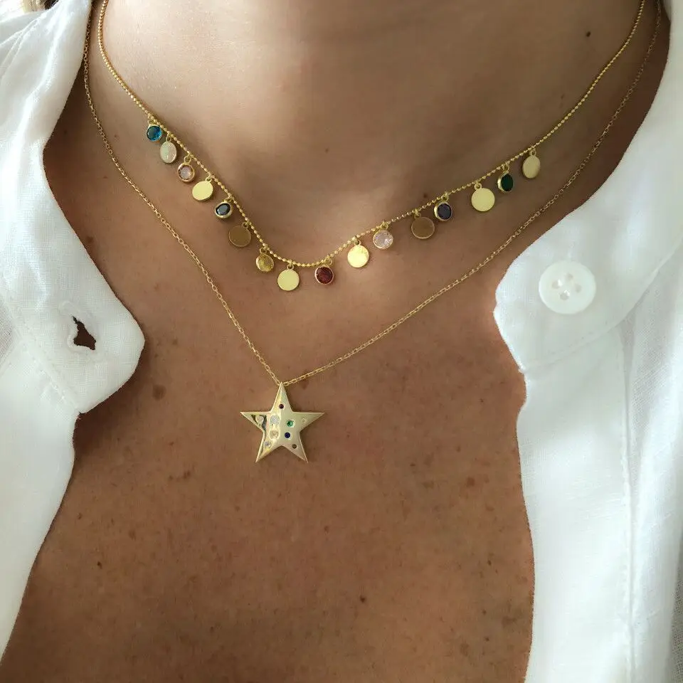 

micro pave multi colored cz tiny cute minimal star pendant necklace fashion women gold filled jewelry women rainbow cz necklace