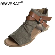 REAVE CAT/женские парусиновые сандалии-гладиаторы на плоской подошве; сандалии; Вьетнамки с ремешками с открытым носком и двумя пряжками; дышащие сандалии; A601