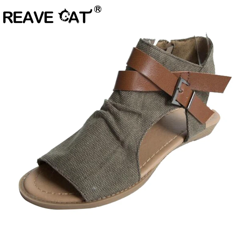 Женские парусиновые сандалии REAVE CAT гладиаторы на плоской подошве дышащие