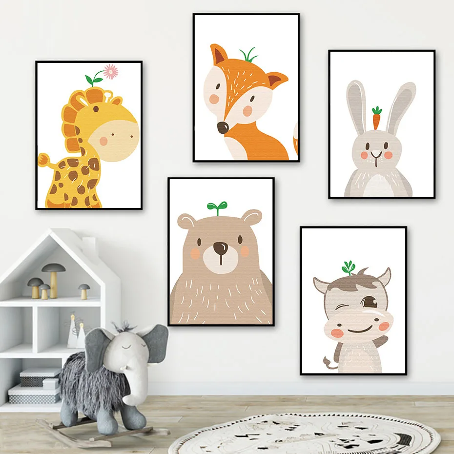 Cartoon-Forest-Animals-Posters-Prints-Fox-Bear-Giraffe-Canvas-Painting-On-The-Wall-For-Kids-Nursery