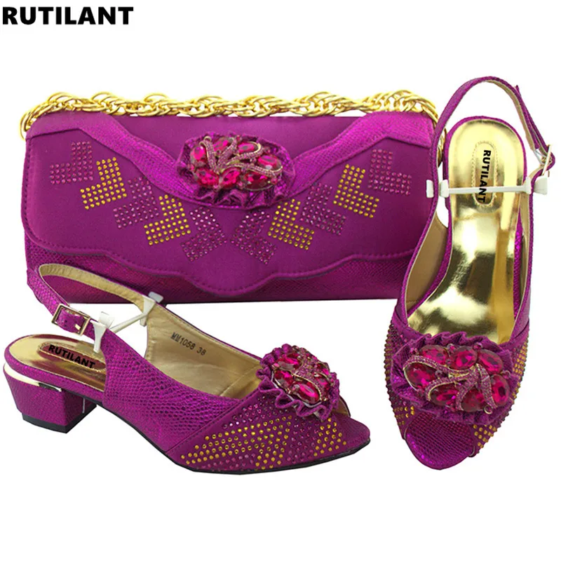 

New Arrival Matching Italian Shoes and Bags Set Latest Purple Color African Wedding Shoes and Bag Set Decorated with Rhinestone