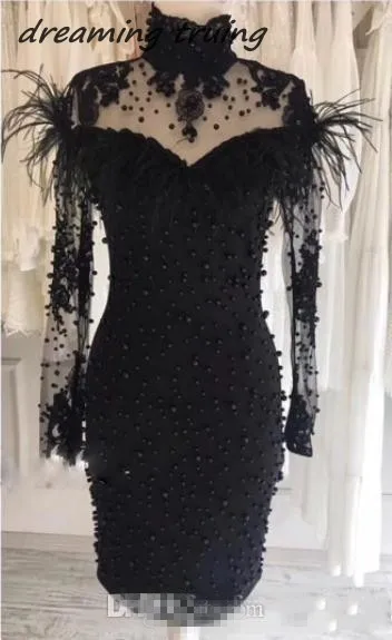 Прямые белые/черные коктейльные платья с длинными рукавами с перьями и жемчугом Платье До Колена Soiree Дубай платье для выпускного вечера