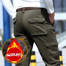 Новые брендовые зимние теплые флисовые брюки-карго Для мужчин прямые Свободные мешковатые толстые брюки Мужской Повседневное военные брюки Штаны; одежда