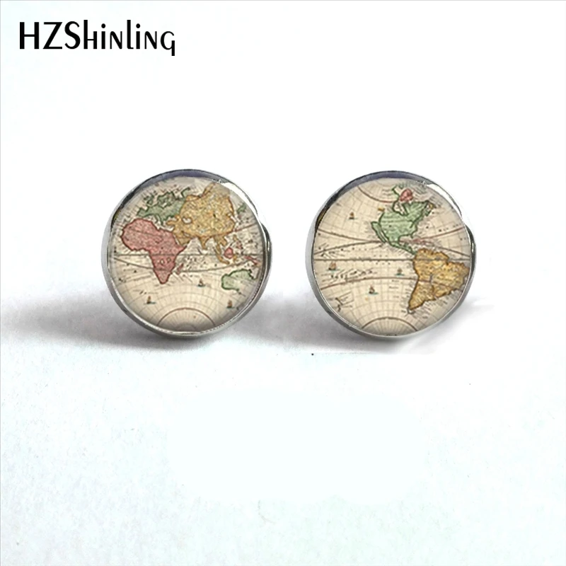 

NES-0051 World Map Earrings Vintage World Map Glass Earrings Vintage Globe Jewelry Glass Cabochon Earrings Handmade HZ4