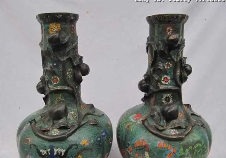 

16 INCH Regius Old Pure Bronze cloisonne peach good fortune longevity Vase Pair