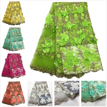 

2017 Royal lemon green applique 3D flower french net lace luxury nigerian lace fabrics for woman wedding dress 5yards/lot
