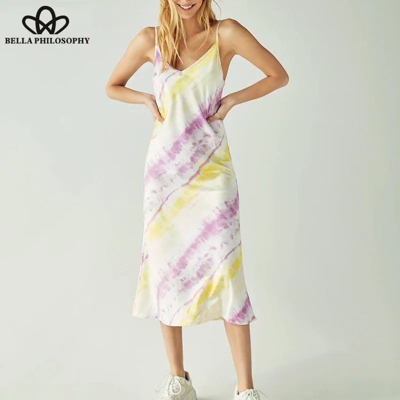 2019new Summer Print Sexy Spaghetti Strap Dress Vintage Color Patchwork Female Midi Dress Casual Holiday Lady Beach Dress Wonder