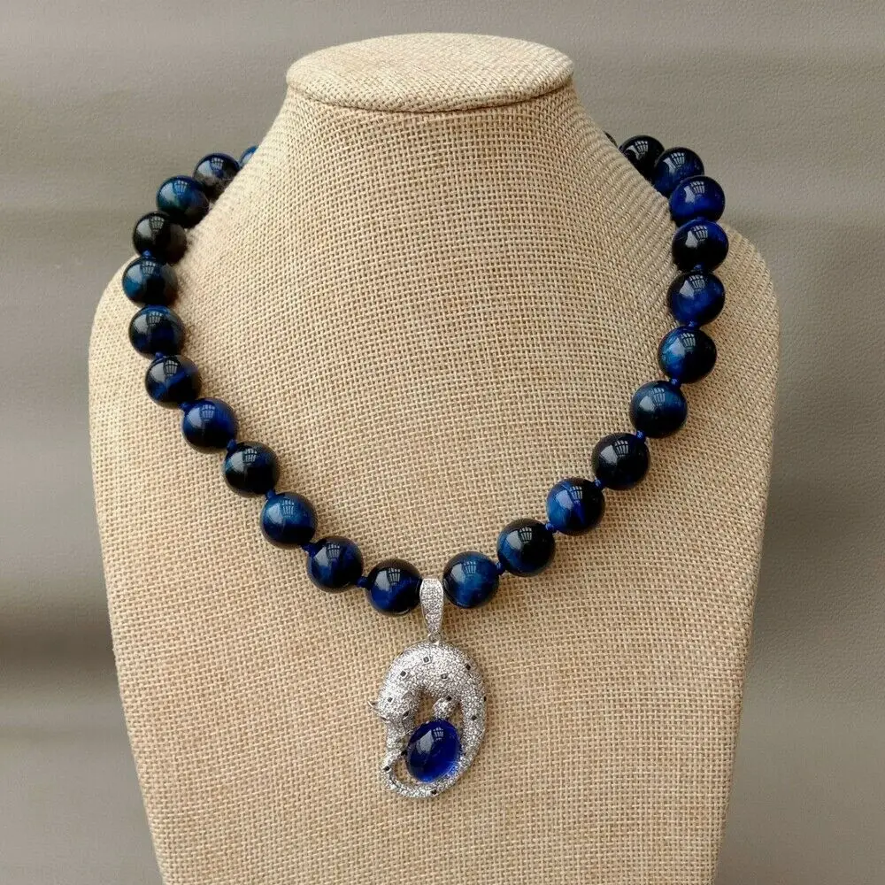 

18" Natural Round Blue Red Tiger Eye Necklace CZ Pendant