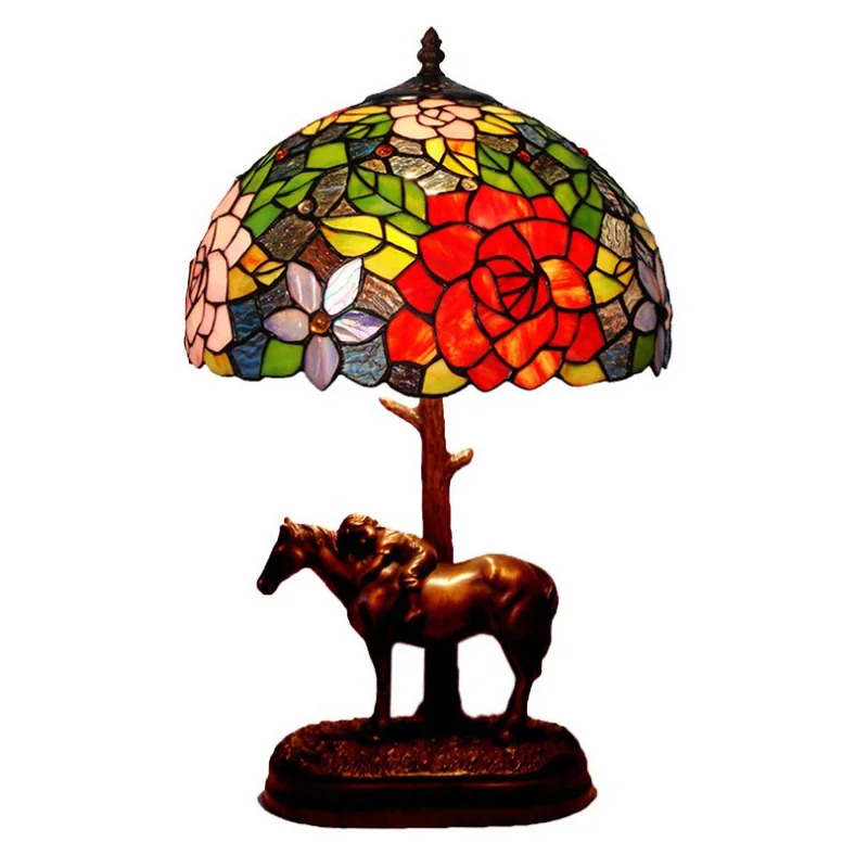 Антикварные витражи Tiffanylamp золото офис Домашний декор, красный цветок животных Лошадь Дизайнер настольная лампа чтение Исследование освещен - Цвет абажура: TJ2461  Red Rose