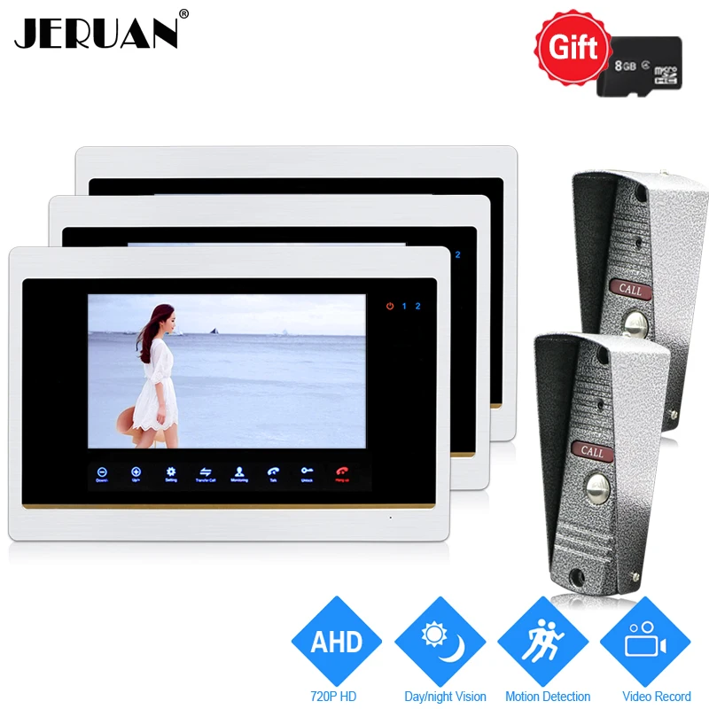 

JERUAN 1.0MP 720P Motion Detection 7`` Color Video DoorPhone Intercom System 3 Record Monitor +2 Waterproof Mini Camera 2V3+ 8G