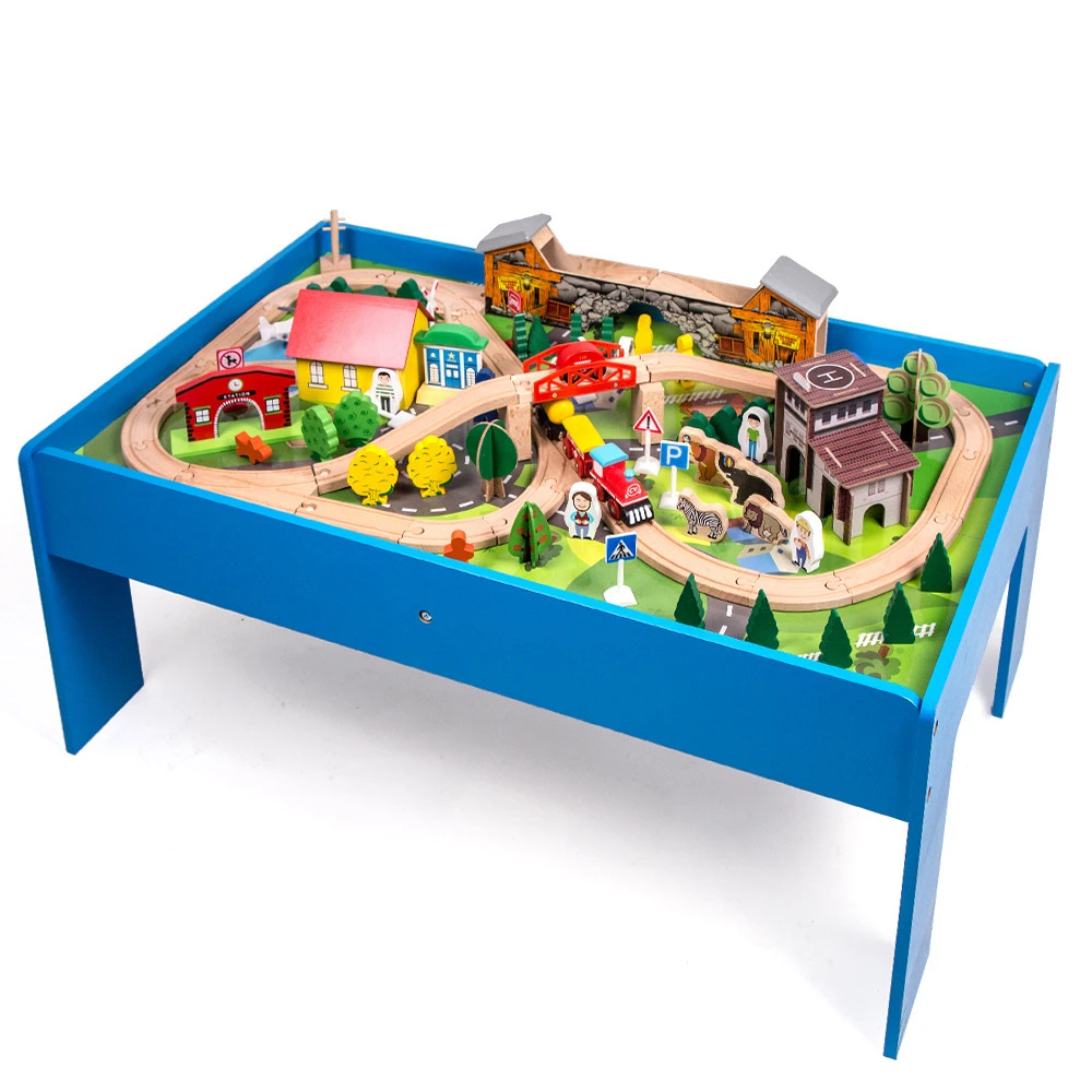 wooden table and train set