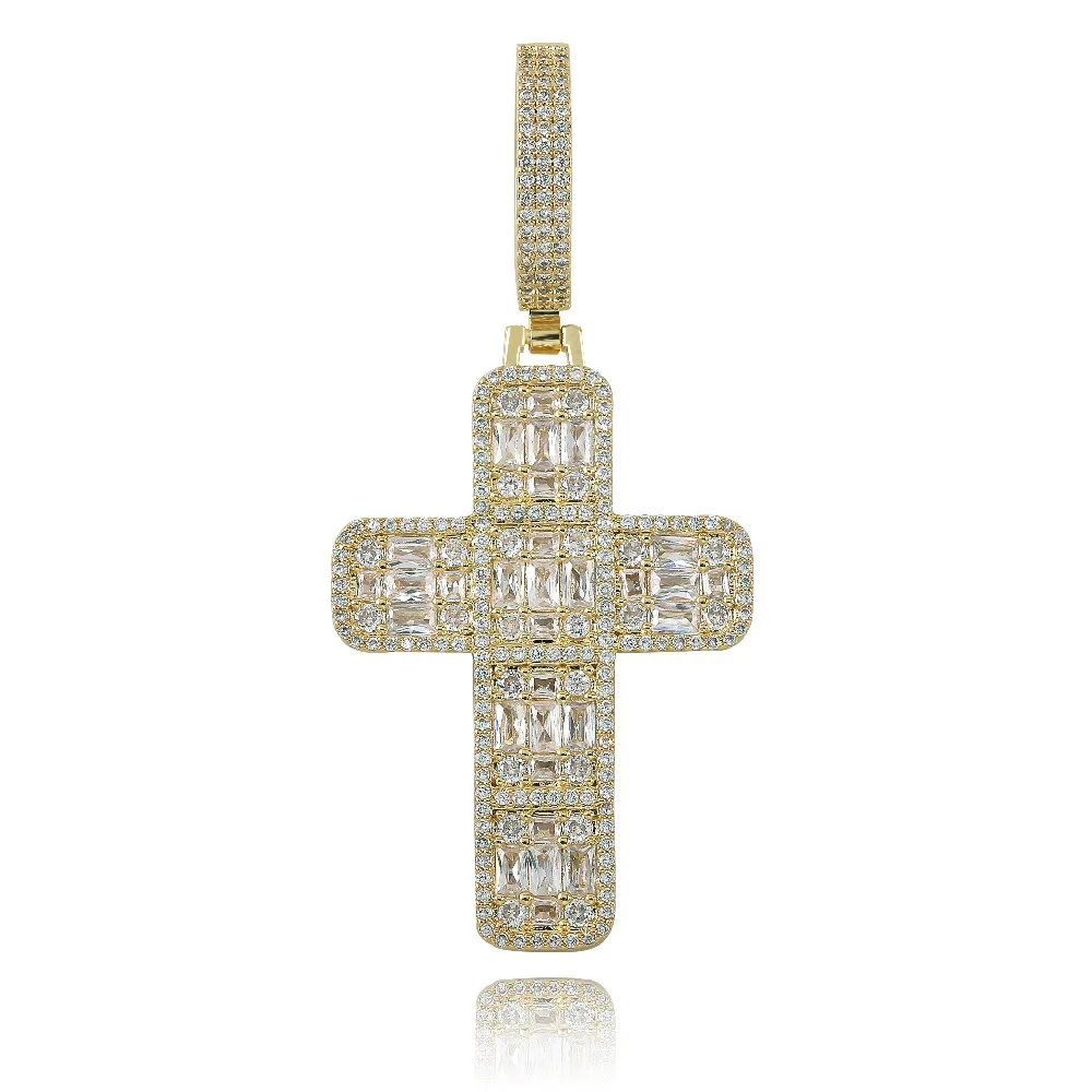 

Quality Iced Out Asscher Cut Cross Pendant Necklace Mens/Women Micro Paved Hip Hop Gold Silver Color Bling Charm Chains Jewelry