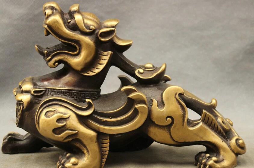

S3705 11" Folk Chinese Bronze BiXie Dragon Unicorn Sculpture RuYi PiXiu Lion Statue D0318