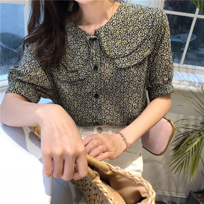 

New Women Shirts Double layer Short Sleeve Chiffon Print Blouse Shirt Yellow Black 8876