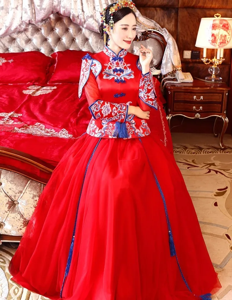 Невесты традиции 2018 Oriental Свадебные платья синий вышивка Cheongsam Logn Qipao платья традиционное китайское платье