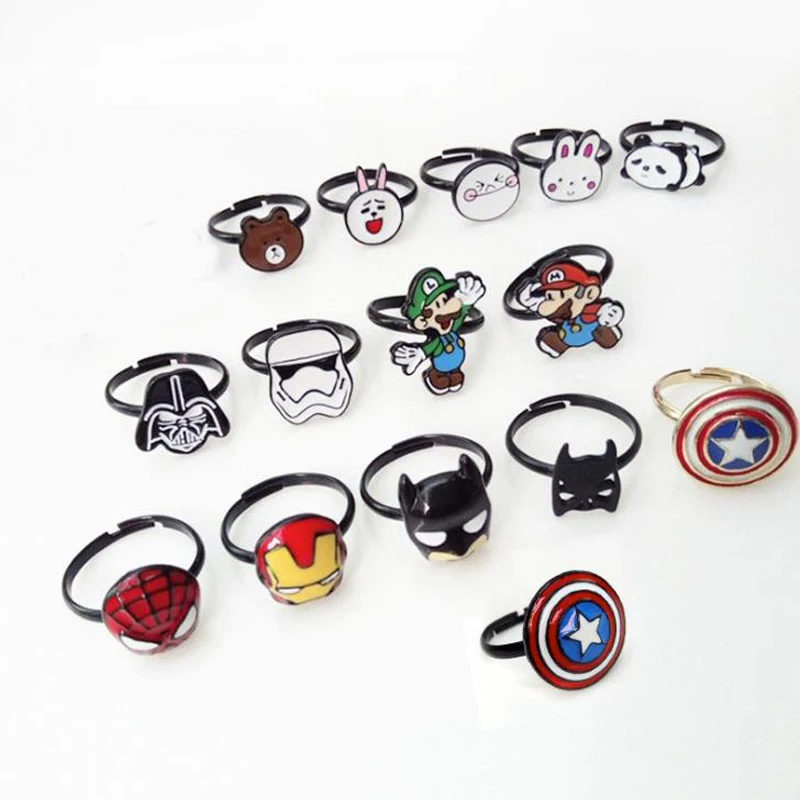 

1 Pcs Kawaii Anime Captain America Spiderman Star Wars Super Mario Metal Rings Girls Adjustable Opening Female Rings Toy Figures