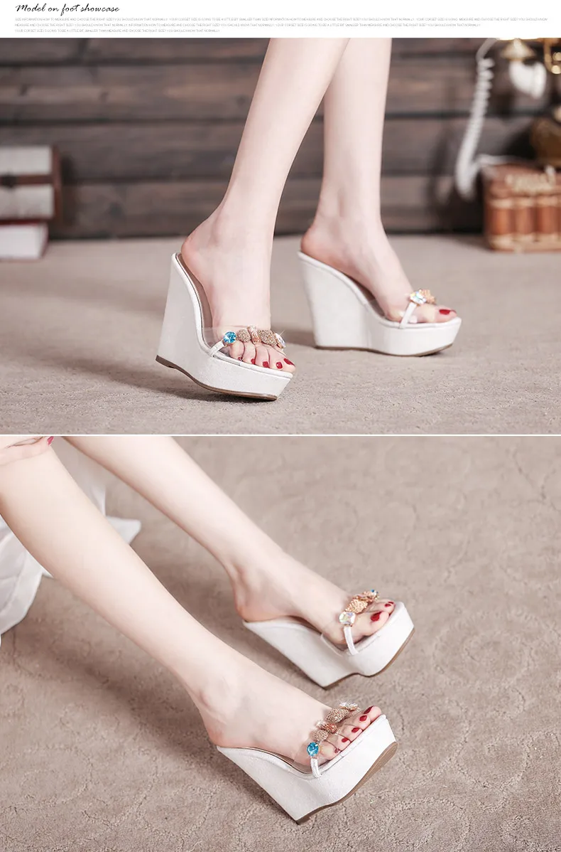 12_New 2018 Wedges Slippers Female Summer Fashion High-heeled Platform Rhinestones Small Size Shoes Pink White Black