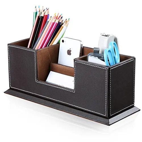 

Double Holder Desktop Faux Leather Storage Box 4 Divided Compartments for Pen Business Card Remote Control DeskOrganizer Brown
