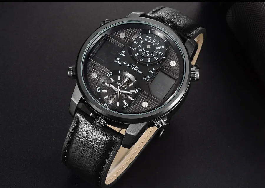 BOAMIGO Для мужчин кварцевые часы с 3-поясным временем и творческий светодиодный цифровые спортивные часы мужские кожаные Наручные часы мужские часы Relogio Masculino