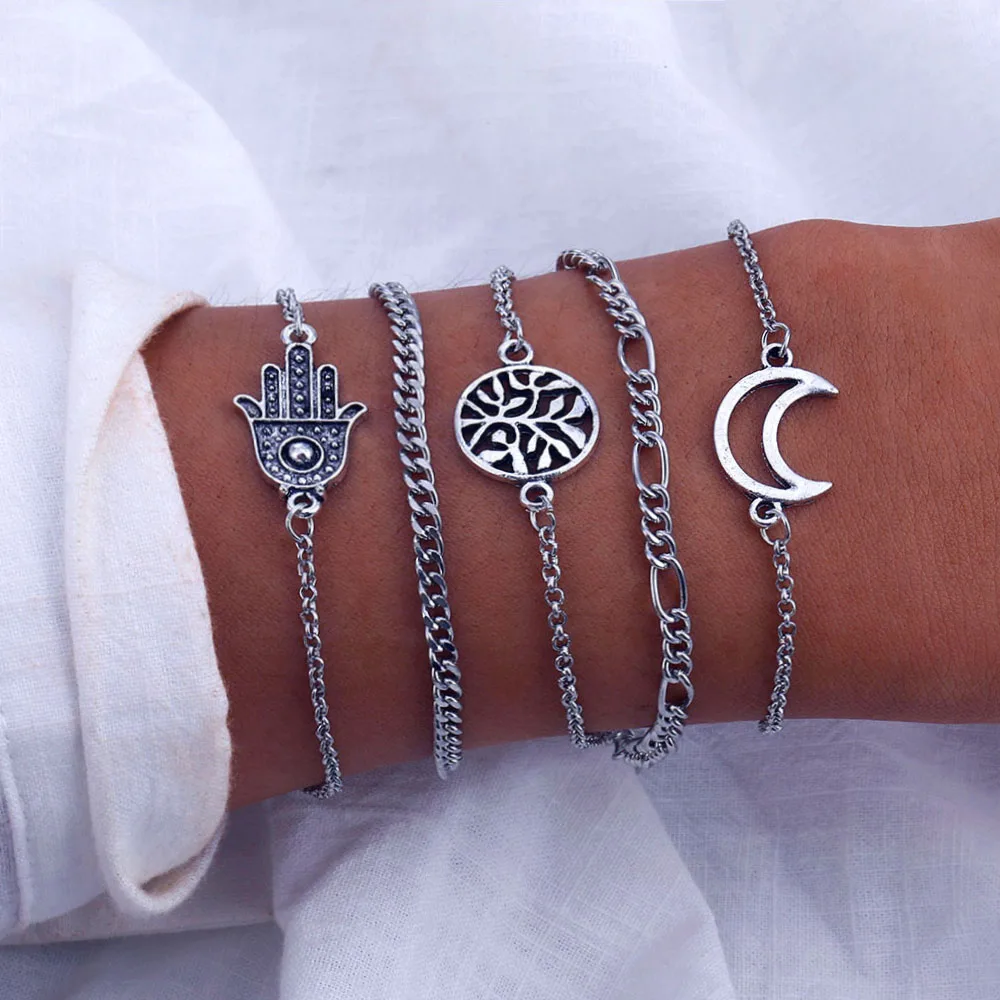 

17IF Charm Vintage Moon Tree Metal Bracelet Set for Women Boho Hasma Hand Silver Color Chain Bracelets Bangles Jewelry 2019 NEW