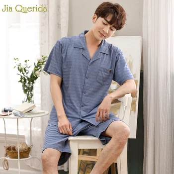 

Sleepwear Men Plus Size Xxxl Pajamas 2019 Summer Short Sleeves Lapel Cardigan Button Men Leisure Home Suits 100% Cotton Clothes