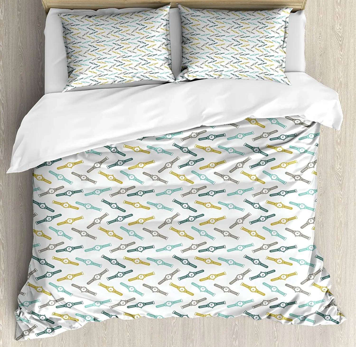 

Clock Queen Size Duvet Cover Set by Lunarable, Decorative 3 Piece Bedding Set with 2 Pillow Shams, Goldenrod Seafoam Teal