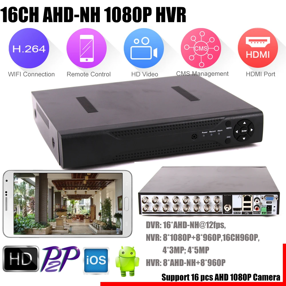 16-канальный видеорегистратор AHD DVR AHD-NH/AHD-M 720 P/960 P/1080 P видеонаблюдения DVR 16CH мини Гибридный HDMI CCTV DVR Поддержка IP/аналоговый/AHD Камера