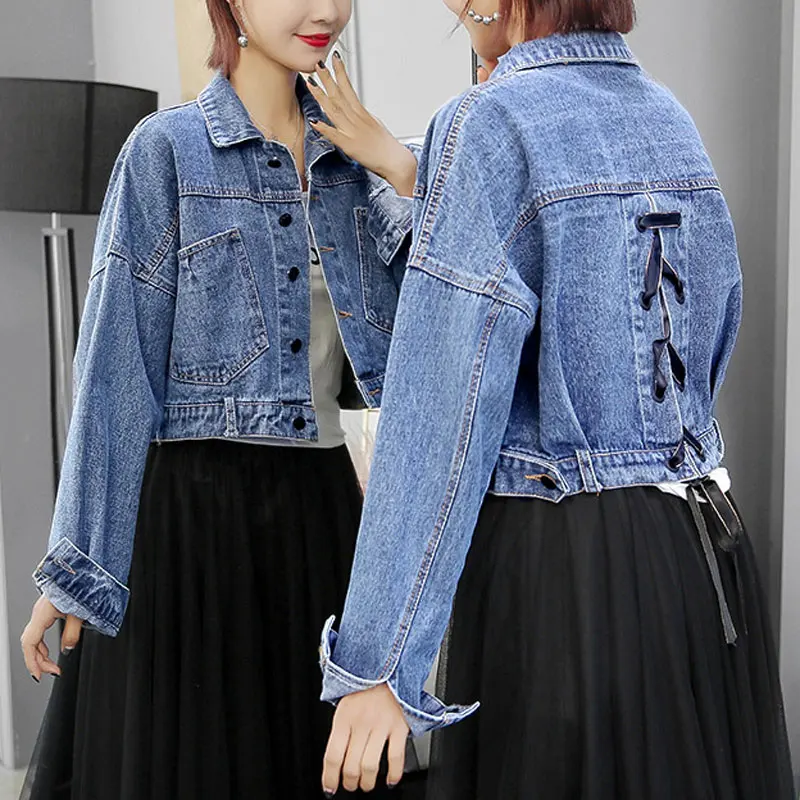 

HEE GRAND Short Jeans Jacket Women Casacos Feminino Pockets Loose Denim Ladies Elegant Lace up Jackets Coat Drop shiping WWJ965