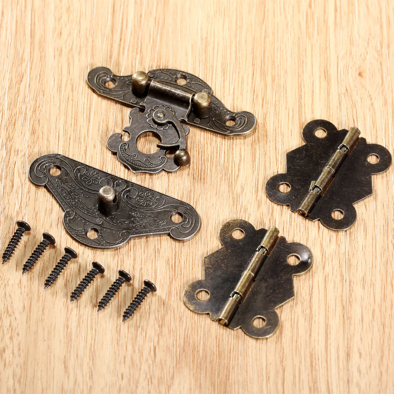 1Pc Antique Bronze Jewelry Wooden Box Case Toggle Hasp Latch +2Pcs Cabinet Hinges Furniture Accessories Iron Vintage Hardware