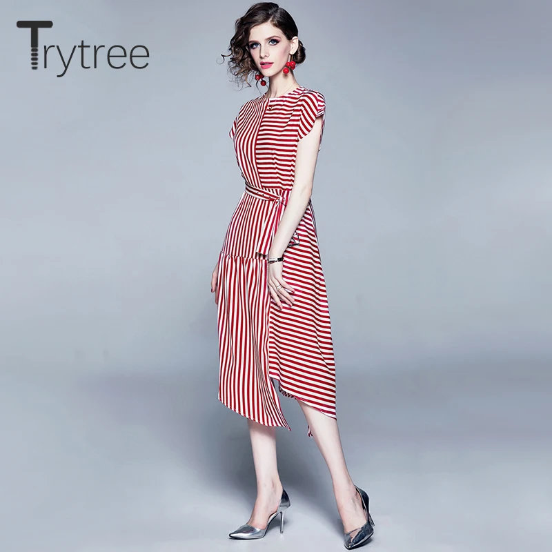 Trytree/ летнее женское платье, Повседневное платье с круглым вырезом и поясом, красная Асимметричная полосатая шелковистая рубашка, платье трапециевидной формы до середины икры, офисное женское платье