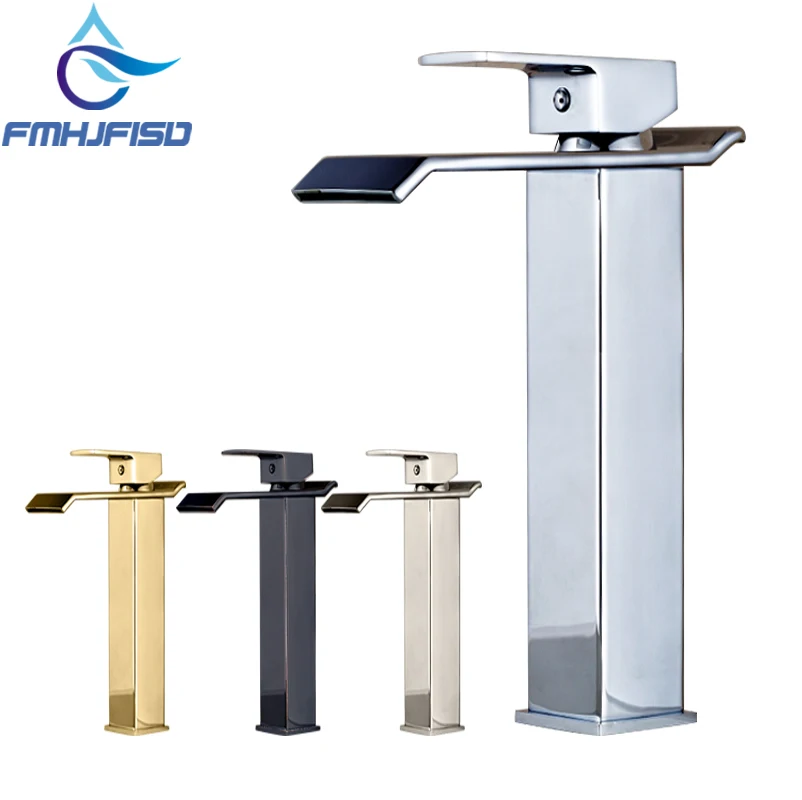 

Luxury Modern Square Waterfall Spout Bathroom Basin Faucet Tall Countertop Vanity Sink Mixer Tap