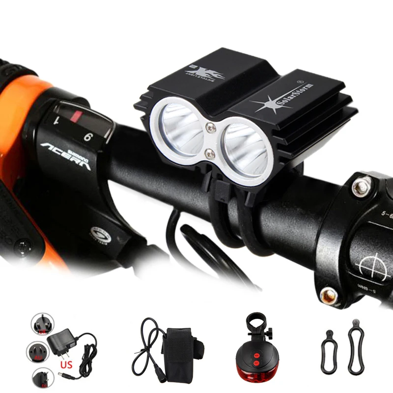 Waterproof Bike Light 2*T6 LED Bicycle Light 4 Modes MTB Road Front Cycling Headlight+ Safety Warning Red Laser Rear Lamp