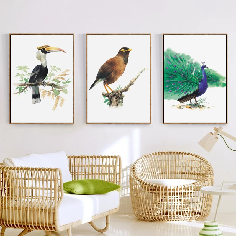 

07G Watercolor Birds Peacock Woodpecker Portrait A4 A3 A2 Canvas Art Painting Print Poster Picture Wall Home Decorative Mural