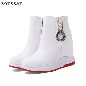 

{Zorssar} winter womens snow boots Genuine Leather height increasing boots women high heel ankle boots Platform wedges shoes