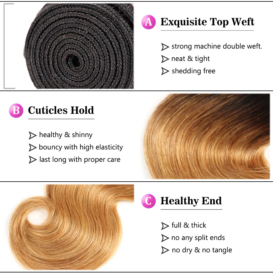 Racily Hair T1B/27 Ombre Brazilian Body Wave Hair Honey Blonde Ombre Human Hair Extensions 1/3/4 Bundles Remy Hair Weave Bundles