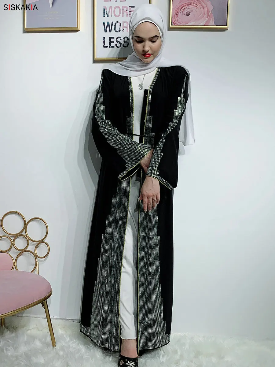 Siskakia/модный мусульманский кардиган abaya, Роскошное однотонное платье в стиле пэчворк со стразами, платье в восточном стиле, Ближний Восток