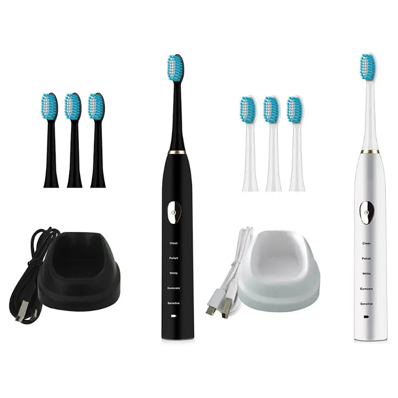 

Sonic Waterproof Electric Toothbrush Timer Brush USB Charge Rechargeable Tooth Brushes With 4x Replacement Heads For Adult Home