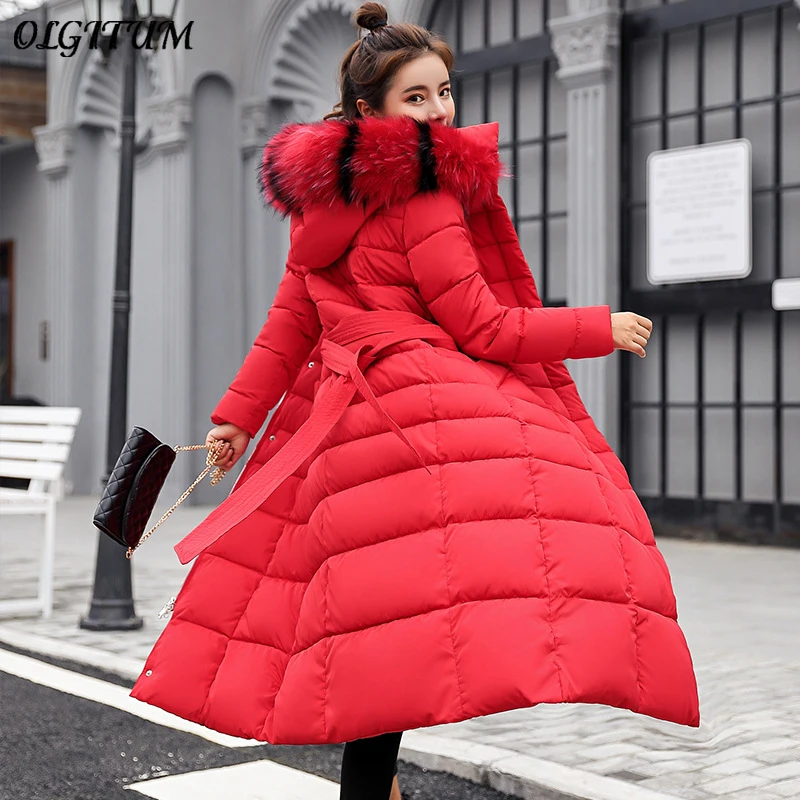 #*Cheap Warm Fur Collar Hooded Cotton Long Parkas Thicken Winter Jacket 2019 Women Slim Outwear With Belt Plus Size Winter Coat Overcoat