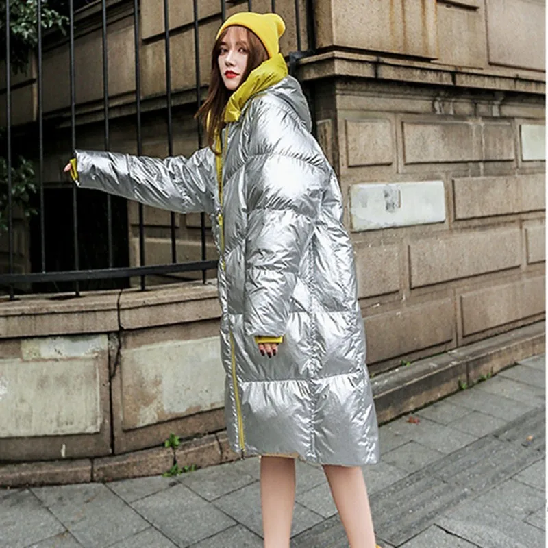 KULAZOPPER Silver down jacket woman winter new thicken outwear long hooded loose outside keep warm coats female LZ025