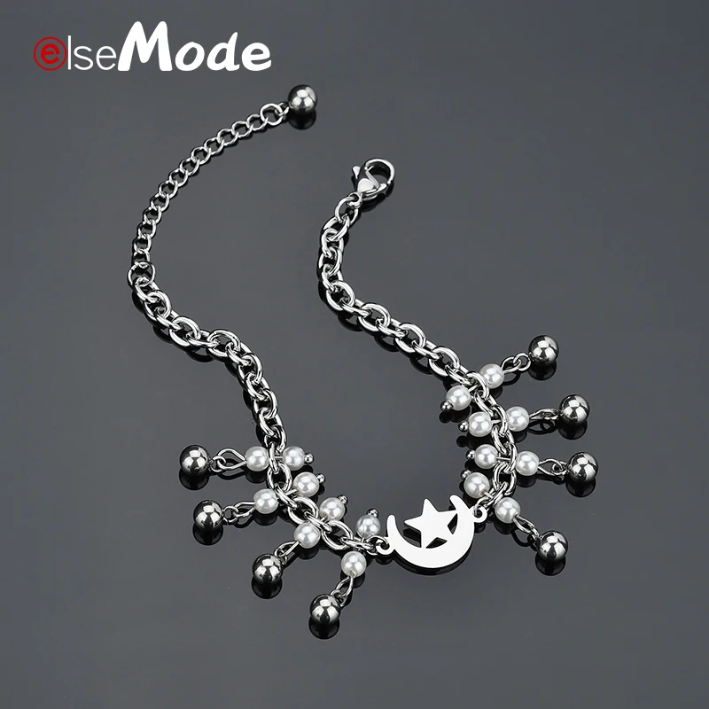 

ELSEMODE Luxury Charm Pearl Moon Star Handmade Beads Bracelets Titanium Steel Silver Color for Women Accessories Never Fade