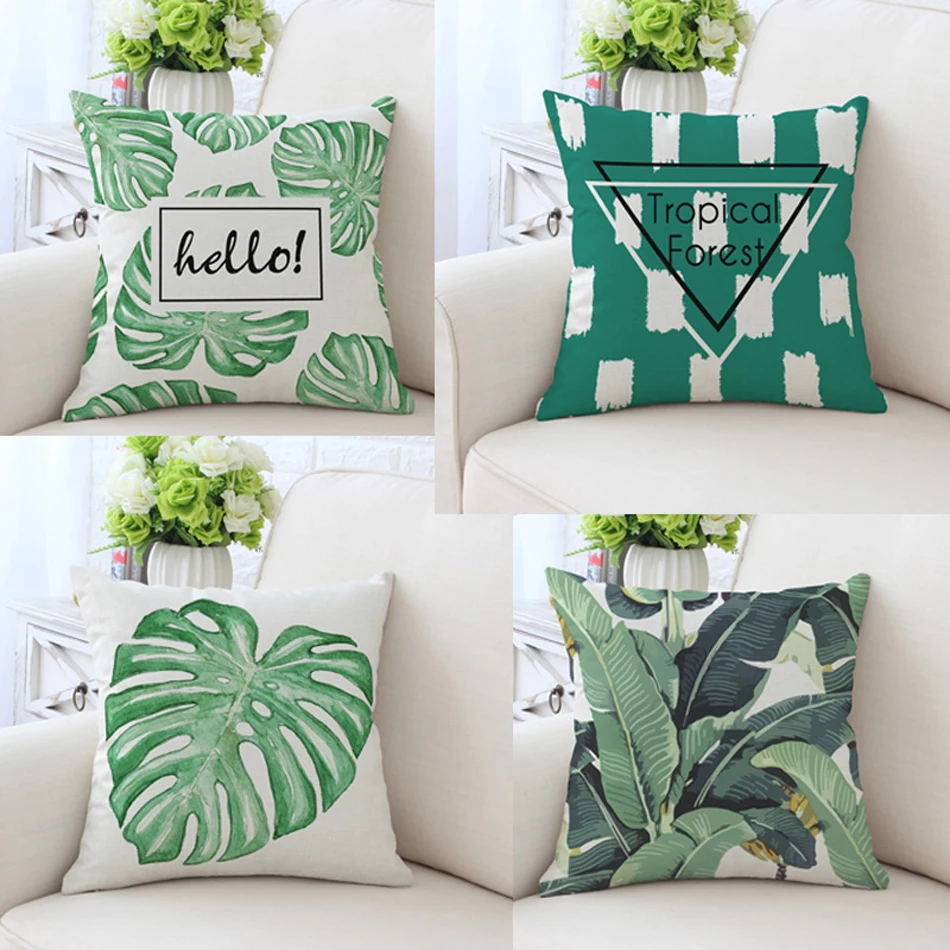 Africa Tropical Plant Printed Cushion Cover Green Leaves Cotton Linen