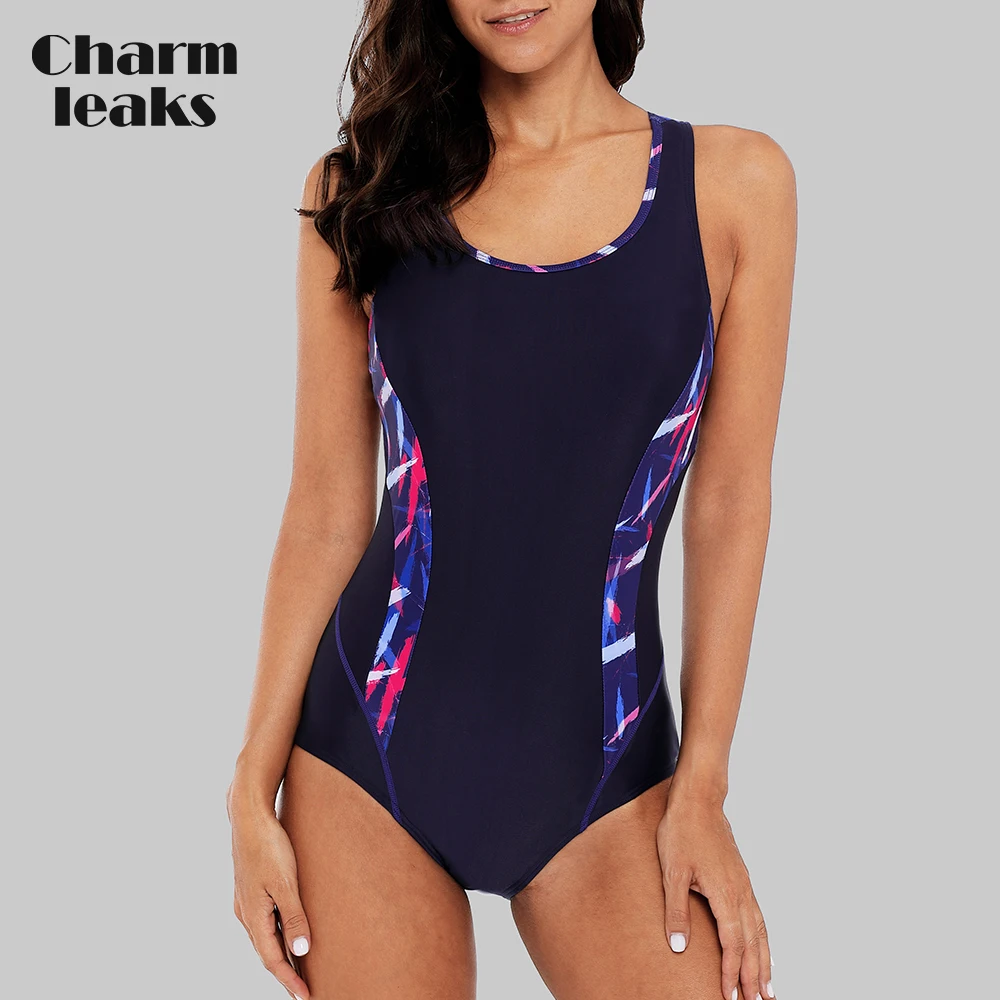 Billige Charmleaks Ein Stück Frauen Sport Badeanzug Sport Bademode Colorblock Print Monokini Strand Badeanzug Bikini