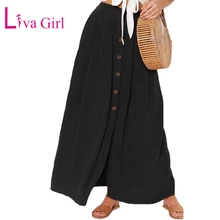 LIVA GIRL Летняя женская юбка макси на пуговицах, повседневная плиссированная юбка с разрезом и передними карманами, черные/бежевые/оранжевые юбки