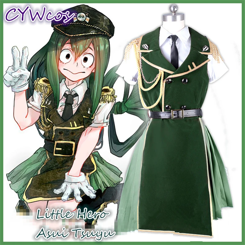Мой герой Academia аниме косплэй маленький герой Asui Tsuyu Военная Униформа Форма Женский армейские костюмы костюм платье + рубашка