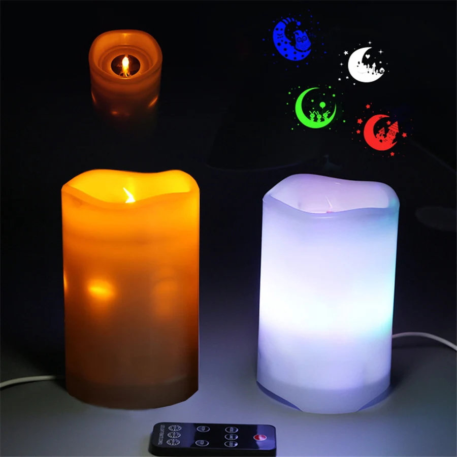 

Thrisdar Flickering Flame LED Candles Christmas Projector Lamps with Remote USB Powered Wax Pillar Candle for Wedding Party